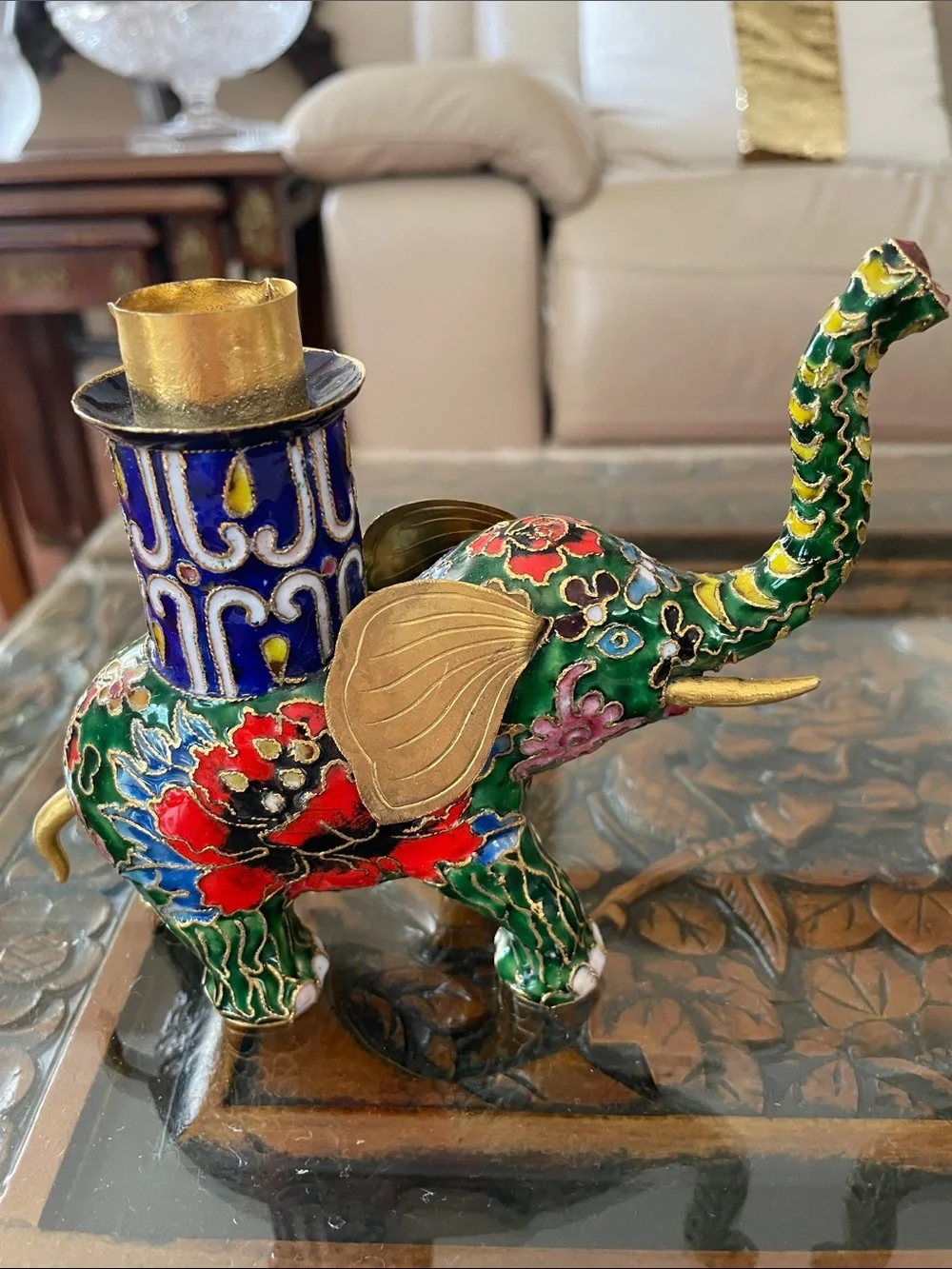 Vintage Pair of Chinese Cloisonne Elephant Candle Stick Holders